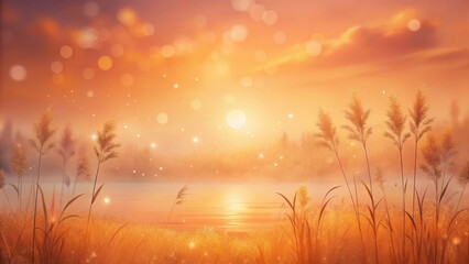 Golden Hour Serenity  Peaceful Lakeside Sunset with Silhouetted Reeds and Magical Glowing Particles