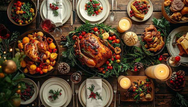 Christmas meal served on the table, Baked turkey with salads cakes and bread on the side with christmas decoration background