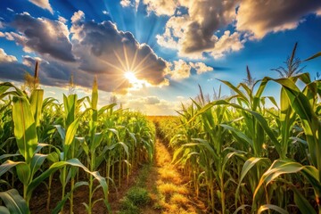 Golden Hour in a Verdant Cornfield A Path Through Rows of Lush Green Stalks Bathed in the Warm Glow of a Setting Sun, with a Dramatic Sky Above
