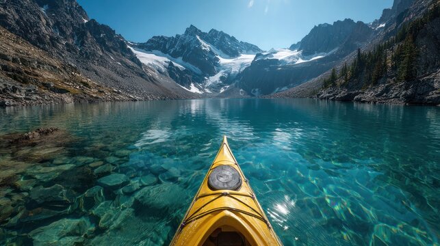A yellow kayak glides on crystalline water with a backdrop of majestic, snow-capped mountains