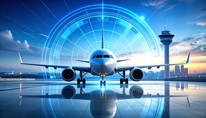 An airplane on an airport runway at sunset is centered beneath a massive, glowing blue holographic radar screen and an air control tower.