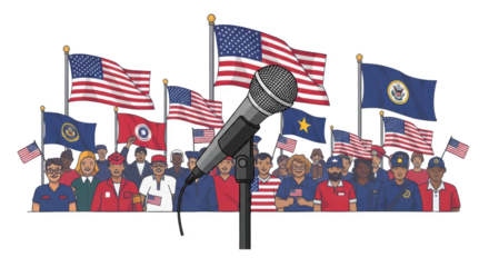 Diverse Crowd Gathering Around Microphone and American Flags. concept design creative background style inspiration