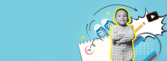 A colorful collage features a young boy standing confidently among school supplies. The bright blue backdrop enhances the vibrant graphics, adding a playful feel to the scene.