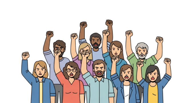 Diverse crowd of angry people protesting with raised fists. design creative background style inspiration
