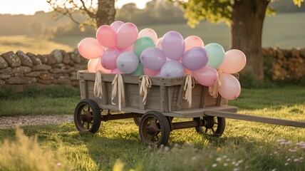 A charming wooden cart filled with pastel balloons amidst a picturesque outdoor scene.