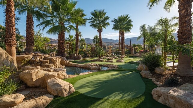 luxury backyard putting green oasis palm trees landscaping design resort style miniature golf course outdoor recreation area beautiful sunny day fun  