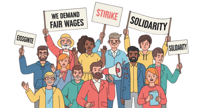 Diverse Crowd Protesting for Fair Wages and Solidarity. concept design creative background style inspiration