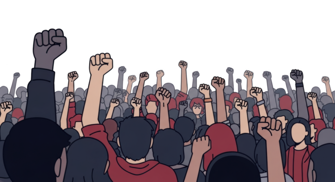 Diverse Crowd Raising Fists in Solidarity and Protest. concept design creative background style inspiration