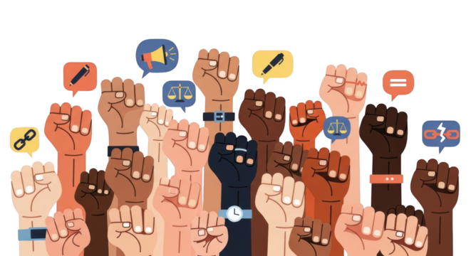 Diverse Fists Raised in Unity for Social Justice. concept design creative background style inspiration - Powered by Adobe