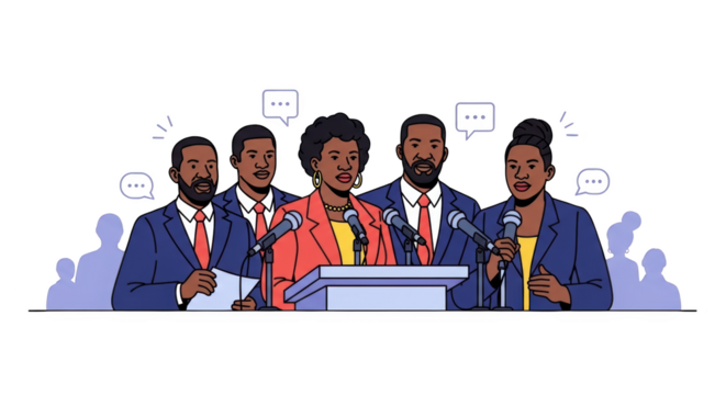 Diverse Group at Press Conference. style inspiration illustration concept design creative background style inspiration