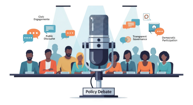 Diverse Group Discussing Policy Debate and Civic Engagement. concept design creative background style inspiration