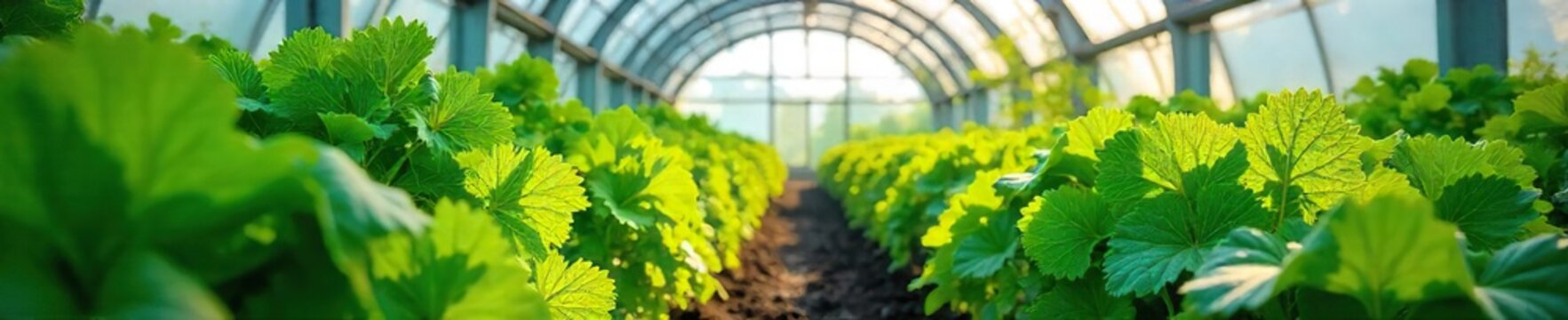Thriving Green Plants in a Sunlit Modern Greenhouse  Healthy Growth and Sustainable Agriculture