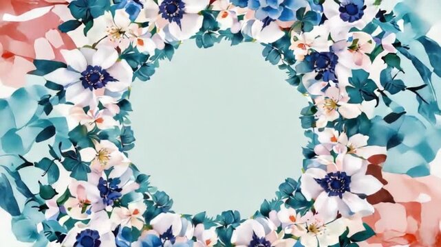 Watercolor floral wreath with white, blue, and coral flowers on a light blue background space for text floral patterns backgrounds video