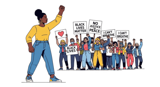 Diverse group protesting for Black Lives Matter and justice. design creative background style inspiration