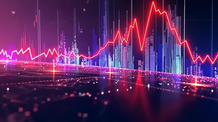 digital stock market data visualization with red line graph and futuristic bar indicators. concept of financial analysis, economic trends, digital finance - Powered by Adobe