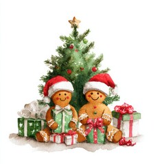 Festive Gingerbread Characters Surrounded by Christmas Gifts and Decorated Tree Creating a Joyful Holiday Atmosphere of Celebration and Cheer.