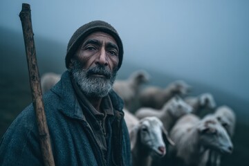 Elderly shepherd standing on misty hillside surrounded by sheep, wearing wool coat and beanie while holding wooden staff, representing rural life, resilience, and harmony with nature