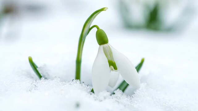 Delicate White Snowdrop Flower Blooming in Fresh Winter Snow First Sign of Spring and New Beginnings