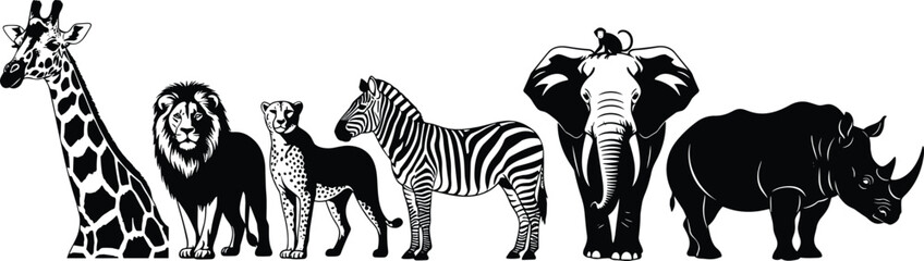 Silhouettes of African Animals Including Giraffe, Lion, Cheetah, Zebra, Elephant, and Rhino, Calm Mood, One-Panel Vector © MDTanvir