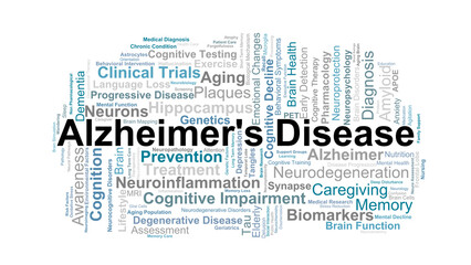Alzheimer's Disease Word Cloud. Key Concepts On Brain Function, Memory Loss, Cognitive Decline, Neurodegeneration, And Care In Progressive Dementia.