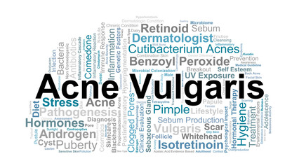 Acne Vulgaris Word Cloud. Key Dermatological Terms On Inflammation, Sebum, Bacteria, Hormones, And Skin Treatment Strategies.