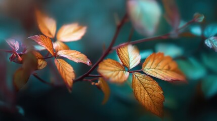abstract autumn colored leaf pettern in nature with blur background and moody colors no logos no brands ar 169