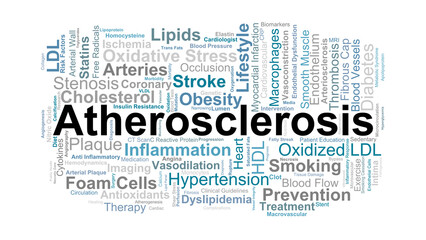 Atherosclerosis Word Cloud. Key Terms On Arterial Plaque, Lipid Accumulation, Inflammation, Cardiovascular Disease, And Risk Factors Affecting Blood Flow.
