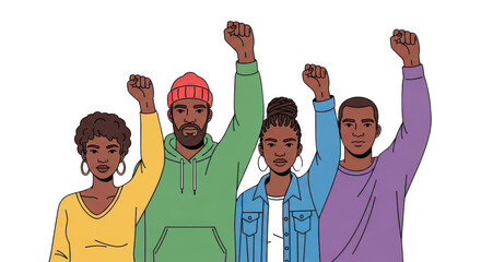 Group of Black activists protesting with raised fists in solidarity. creative background style inspiration