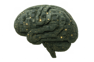 Artificial intelligence brain representing technology, cyborg, and digital computing with a transparent background
