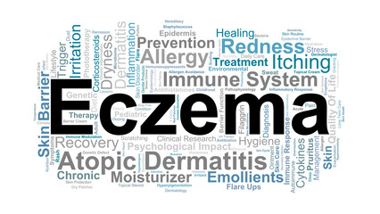 Fototapeta premium Eczema Word Cloud. Key Concepts On Atopic Dermatitis, Skin Inflammation, Chronic Itch, Allergic Triggers, Immune Response, And Treatment Approaches.