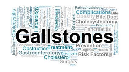 Fototapeta premium Gallstones Word Cloud. Key Medical Terms On Gallbladder Disease, Bile Formation, Risk Factors, Diagnosis, And Treatment Approaches In Digestive Health.