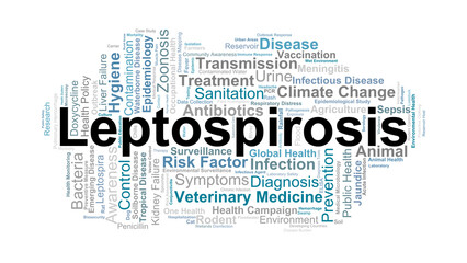 Leptospirosis Word Cloud. Key Concepts On Bacterial Infection, Animal Transmission, Prevention, Treatment, And Global Health Response.