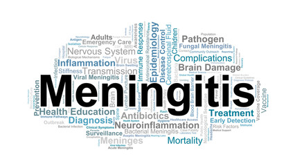 Meningitis Word Cloud. Key Medical Terms On Brain Inflammation, Infection, Immunity, Treatment, And Global Health Prevention Strategies.