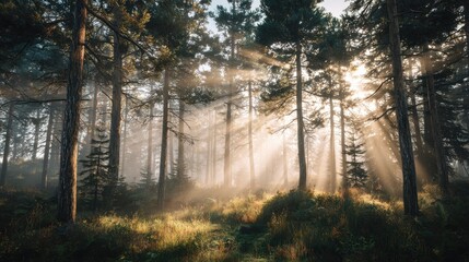 Fototapeta premium sunbeams piercing through foggy pine forest at sunrise in a tranquil natural landscape