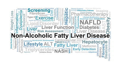 NAFLD Word Cloud. Key Concepts On Non-Alcoholic Fatty Liver Disease, Metabolic Risk Factors, Liver Health, Fibrosis, Obesity, And Clinical Management.