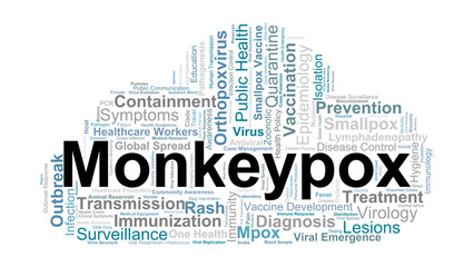 Obraz premium Monkeypox Word Cloud. Key Concepts On Viral Infection, Transmission, Vaccination, Zoonotic Dynamics, And Public Health Responses To Emerging Infectious Diseases.