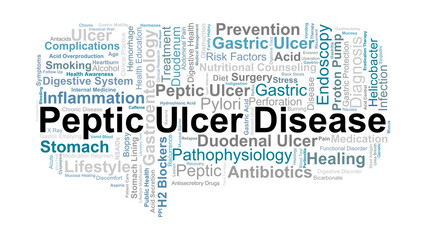 Fototapeta premium Peptic Ulcer Disease Word Cloud. Key Medical Concepts On Stomach Ulcers, Gastric Acid, Infection, Inflammation, And Digestive System Disorders.
