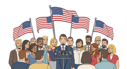 Politician Speaking to Diverse Crowd Under American Flags. concept design creative background style inspiration
