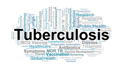Tuberculosis Word Cloud. Key Concepts On Bacterial Infection, Pulmonary Disease, Diagnosis, Treatment, And Global Health Strategies For TB Prevention And Control.