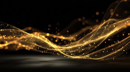 abstract dark background with golden sparkling light particles flowing gracefully