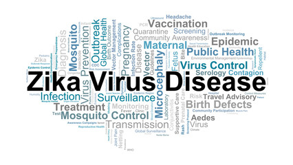 Zika Virus Disease Word Cloud. Key Terms On Mosquito Transmission, Maternal Risk, Birth Defects, Symptoms, Prevention, Control, And Global Health Awareness.