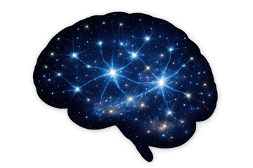 Human brain outline featuring glowing neuron connections in a cosmic starry sky with transparent background