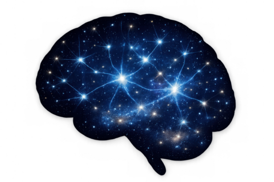 Human brain outline featuring glowing neuron connections in a cosmic starry sky with transparent background