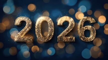 golden 2026 text with abstract geometric shapes and bokeh lights on a dark blue background celebrating new year