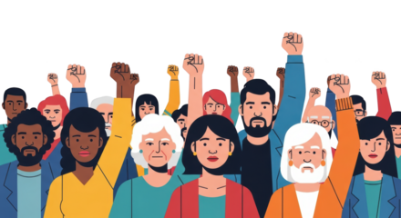 United Group of Diverse People with Fists Raised in Protest. creative background style inspiration