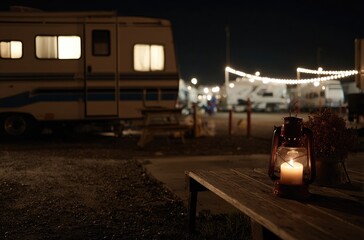 Nighttime RV Camping with Candlelight Ambiance.