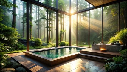 Serene Indoor Plunge Pool with Sunlit Forest View, Offering Tranquil Relaxation and Natural Ambiance