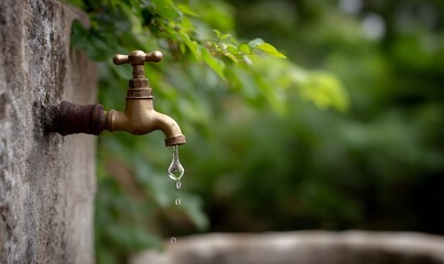 The Faucet Dripping Clear Water Outdoors with Rusty Brass Spigot