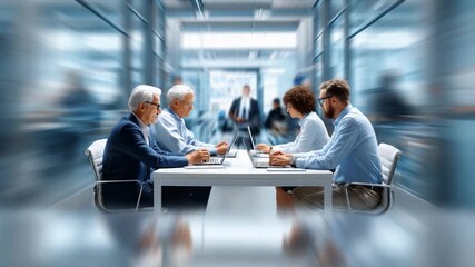 Boardroom Dynamics: A focused corporate discussion unfolds within a modern boardroom. The scene captures an atmosphere of collaboration, strategic thinking, and decisive action. 