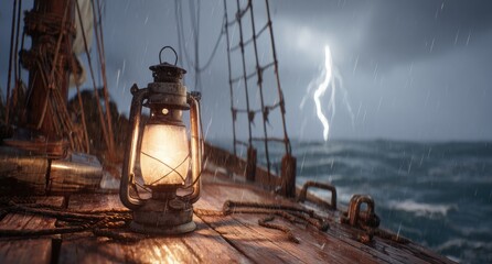 Old ship deck with a glowing lantern during a stormy night with lightning over the rough sea.